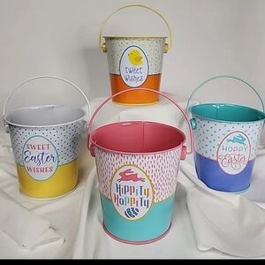 BN 4ct Easter basket 6" buckets > painted w/cute pics & sayings + each has 1 bow
